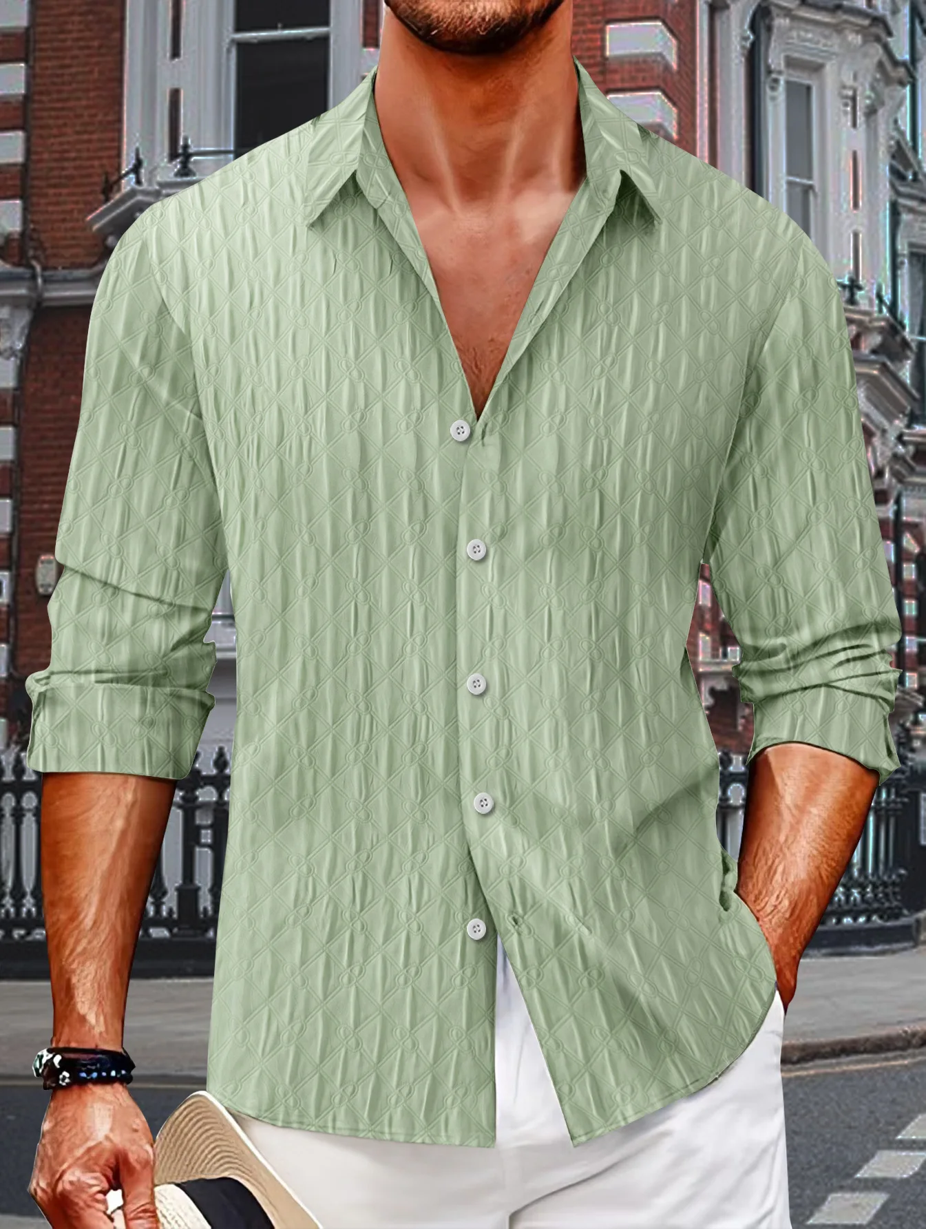 

Spring/Fall 2024 new men's plaid jacquard lapel solid color shirt fashion street casual long-sleeved shirt