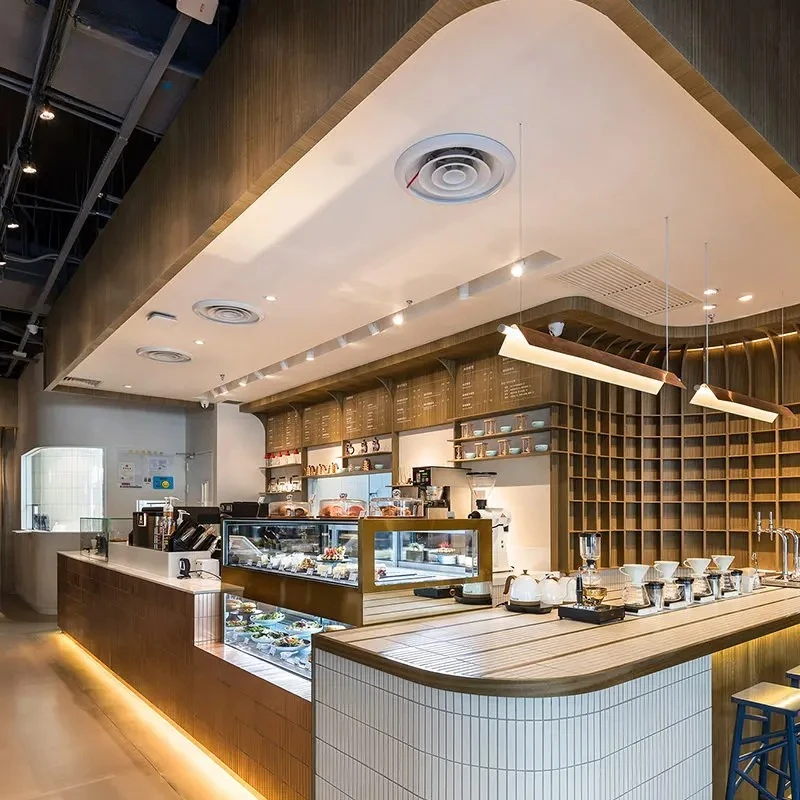 Caffetteria per interni, dimensioni, colori, materiali e vari stili personalizzabili, adatta per caffetterie e torte