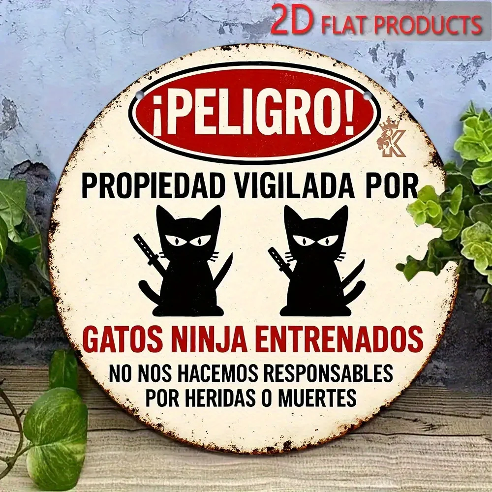 2D Plat "¡Peligro!" Pancarte ronde en métal « Gatos Ninja Entrenados » – Décoration murale amusante en métal avec avertissement de propriété « Chat Ninja Espagnol » pour la maison
