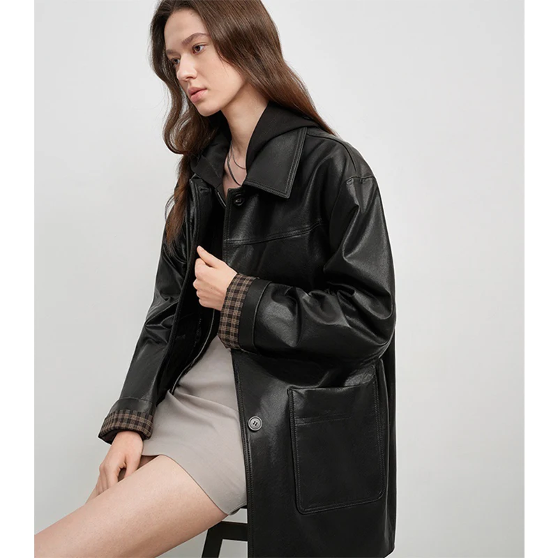 سترة من جلد الغنم الأصلي للخريف والشتاء للنساء باللون البني فضفاضة وجيب متوسط الطول من الجلد المدبوغ معطف واق من المطر ملابس خارجية #6