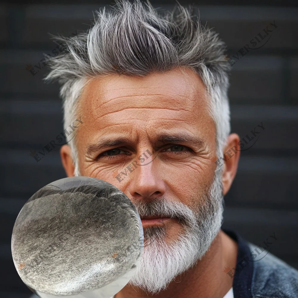 خط شعر طبيعي للغاية متين ورقيق من البولي يوريثان عالي الدقة للرجال شعر مستعار 1b80 1b30 1b65 رجل أشقر رمادي 100% رقعة شعر بشري غير قابلة للاكتشاف #1