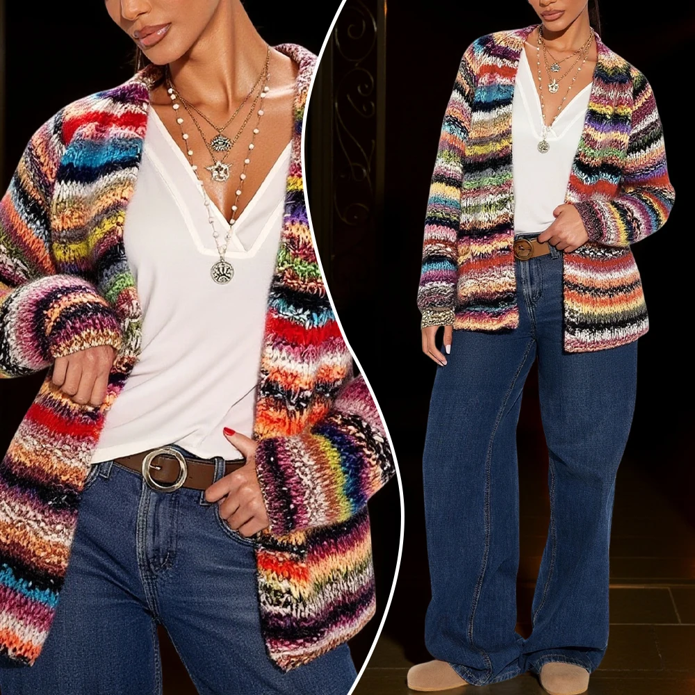 

Women's Winter Knit Cardigans 2025 Trendy Tweed Style Multicolor Stripes Long Sleeve Button Down Open Front Loose Fit Cardigan