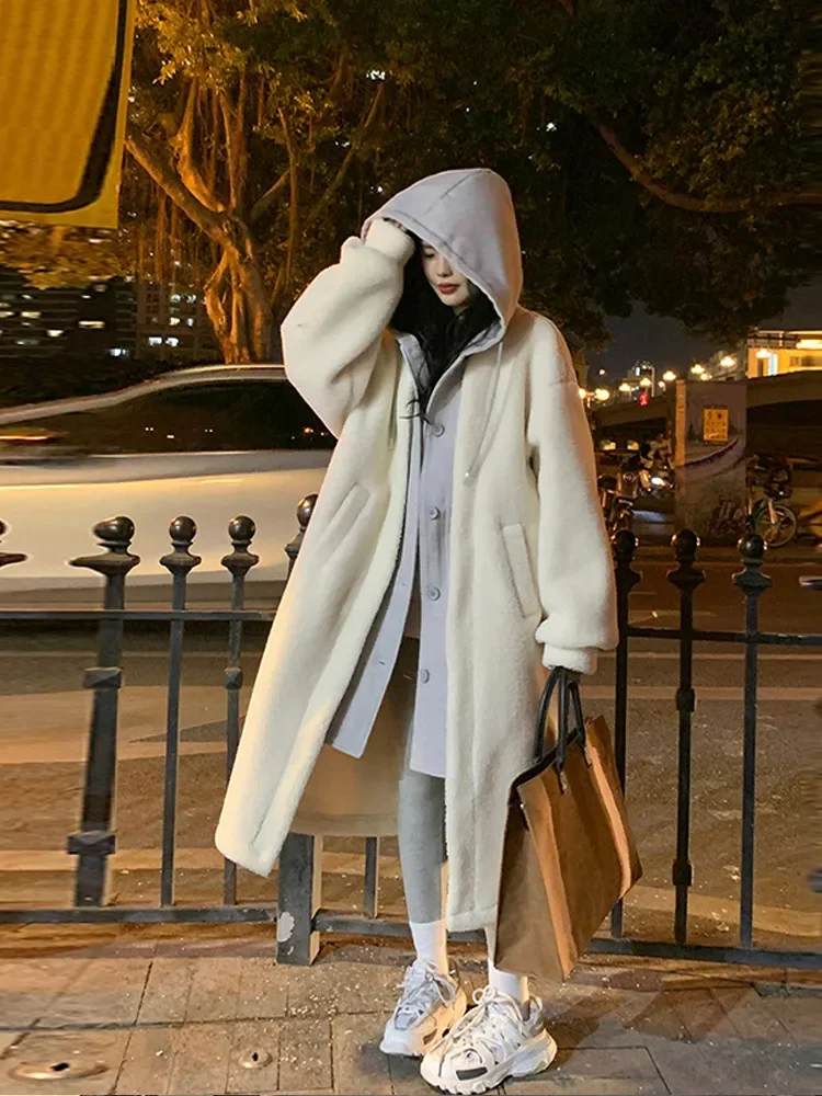 

Thicken Parka Women Casual Hoodie Fake Two Pieces Fleece Long Coat Female 2024 Fashion Loose Chic Warm Soft Outwears Lady