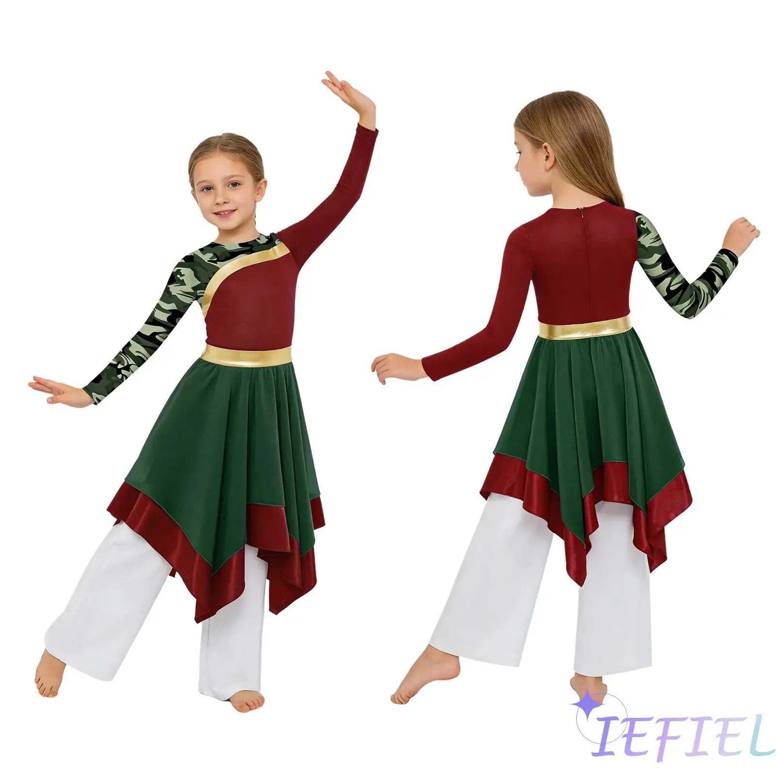 

Kids Girls Worship Praise Dance Outfit Long Sleeve Stylish Printed Patchwork Color Block Liturgical Dress with Wide-Leg Pants