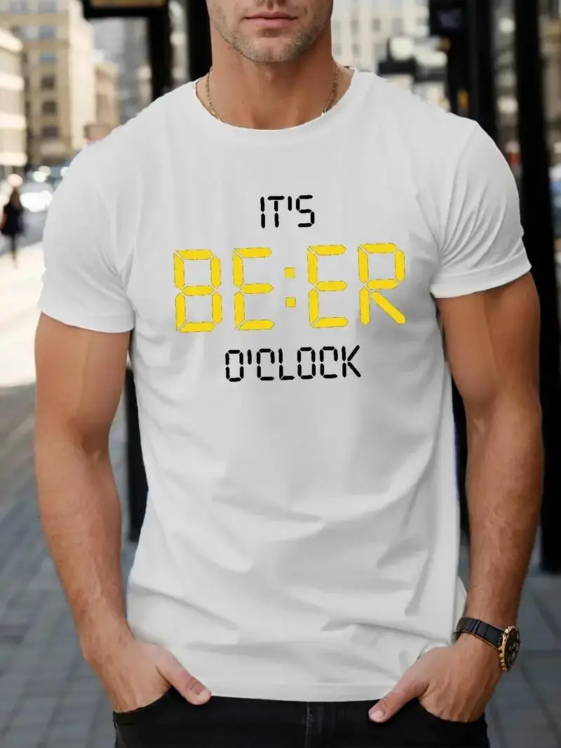 2025 new model Beer Time Print T Shirt, Tees For Men, Casual Short Sleeve T-shirt For Summer Comfortable, Durable, Easy-Care Cre