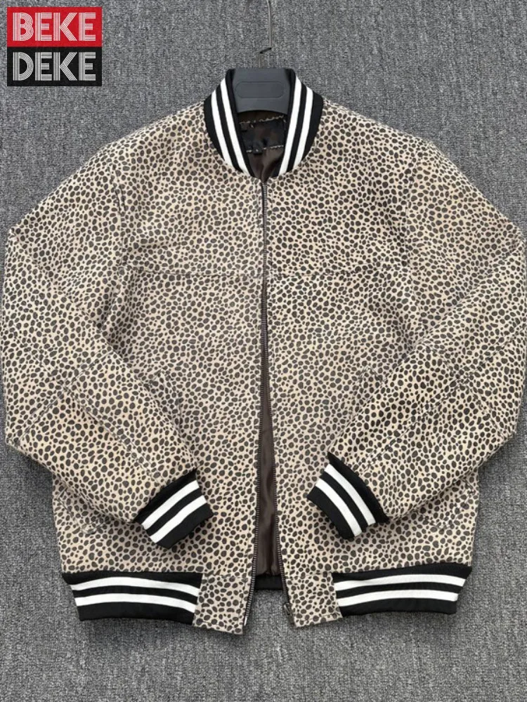 Genuine Cow Leather Men Jackets Leopard Print Durable Suede Baseball Coats Motorcycle Jacket Stand Collar Zipper Loose Outerwear