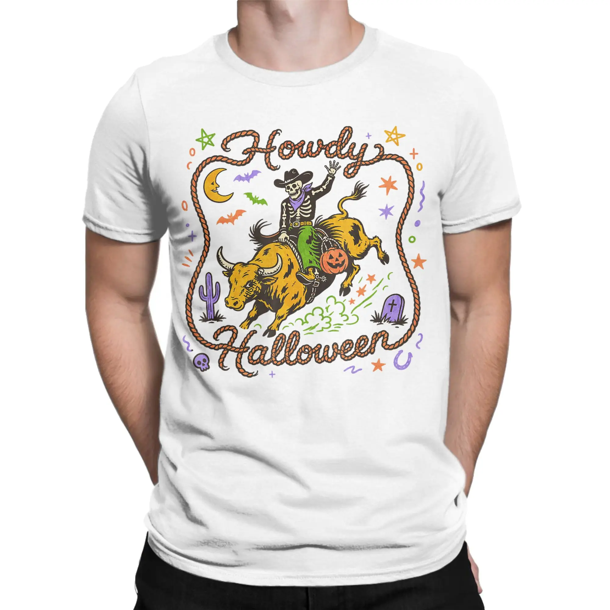 Vintage Bull Riding Western Cowboy Spooky Halloween  T-Shirts Men Women Crewneck Pure Cotton T Shirts  Tees Unique Clothes