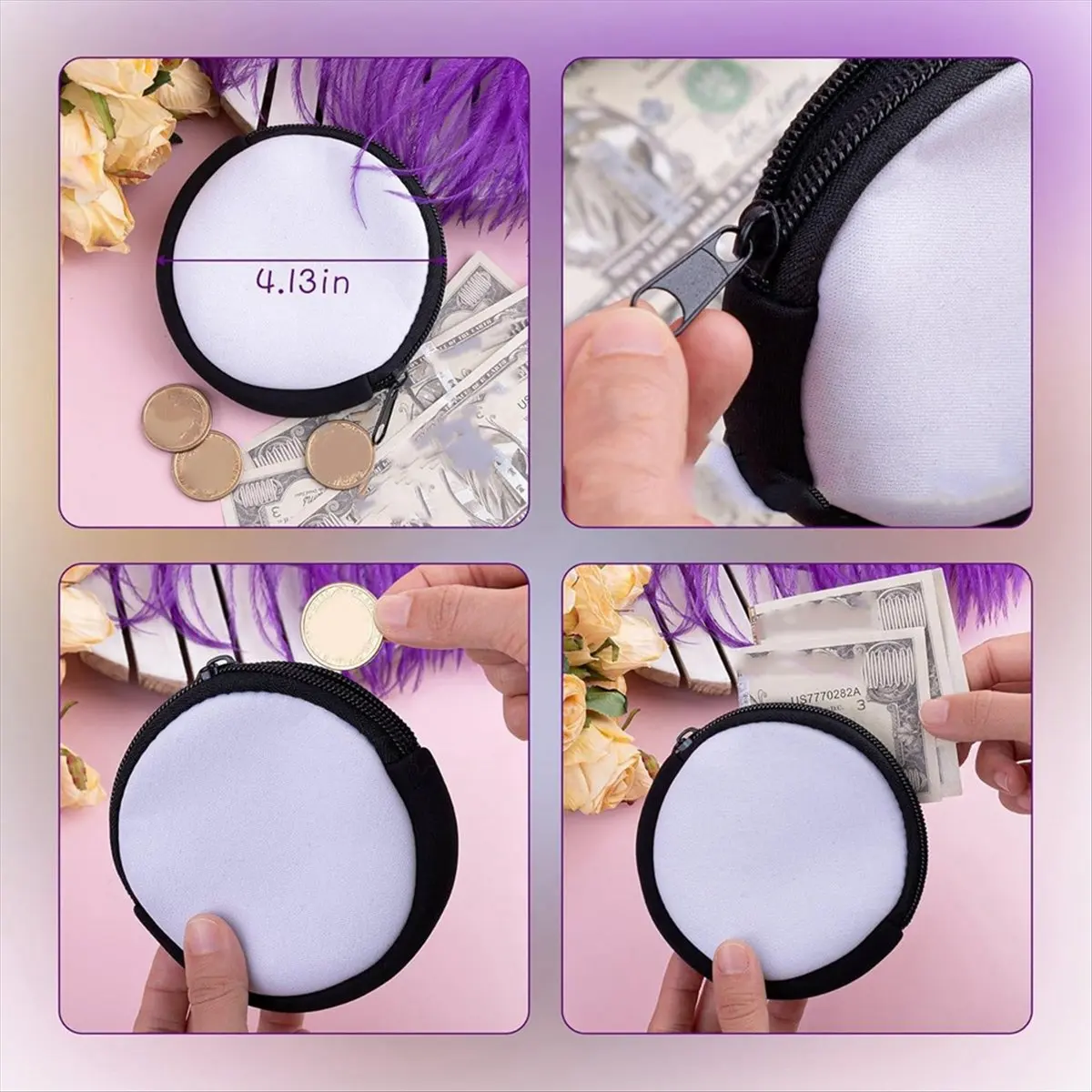 A75K 4 Pack Sublimation Coin Purse Blanks Heat Transfer Bags with Zipper for DIY Craft