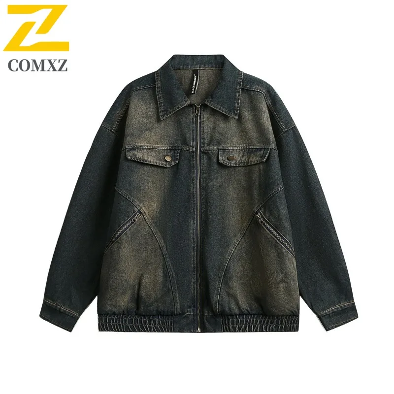 

COMXZ мужские джинсовые куртки комфортного кроя американский минималистичный однотонный воротник дорожный клубный плащ повседневное прогулочное стильное дизайнерское пальто