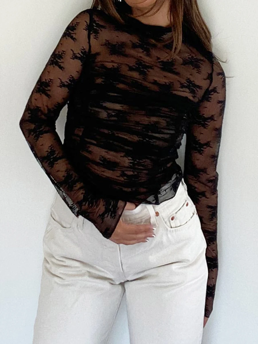 

Women Lace Mock Neck Top Long Sleeve Sheer Mesh See Through Crop Top Y2K Lace Floral Shirt Blouse