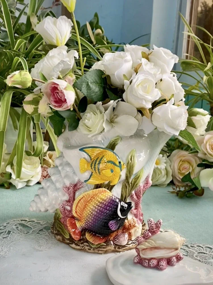 Ceramic Tropical Fish Candy Storage Jar, Home Decor, Living Room Conch Vase, Dried Fruit Jar, Kitchen Food Contain