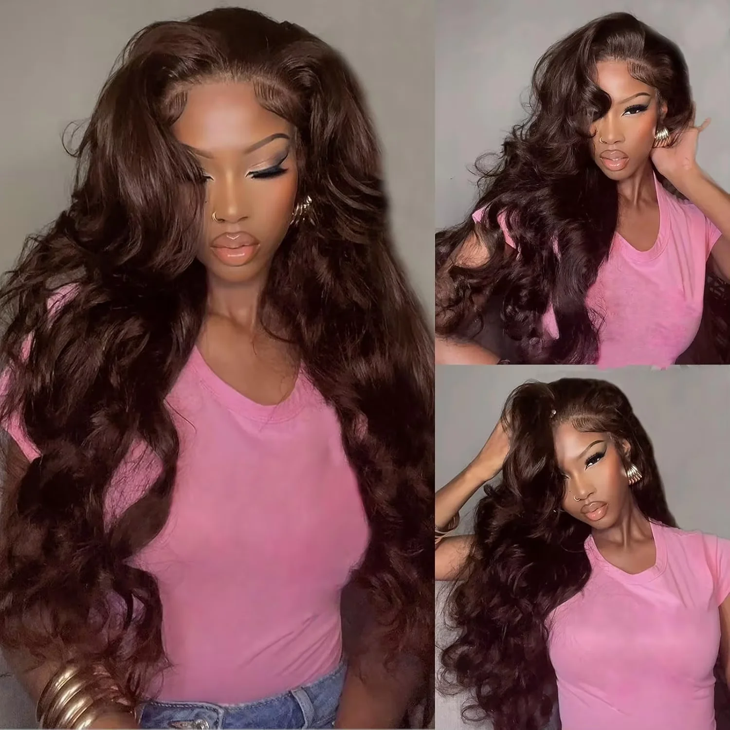 

52 Inch Chocolate Brown Lace Front Wig Human Hair 220% Body Wave Human Hair Wigs Pre Plucked 13x6 HD Lace Frontal Wig Brown Wig