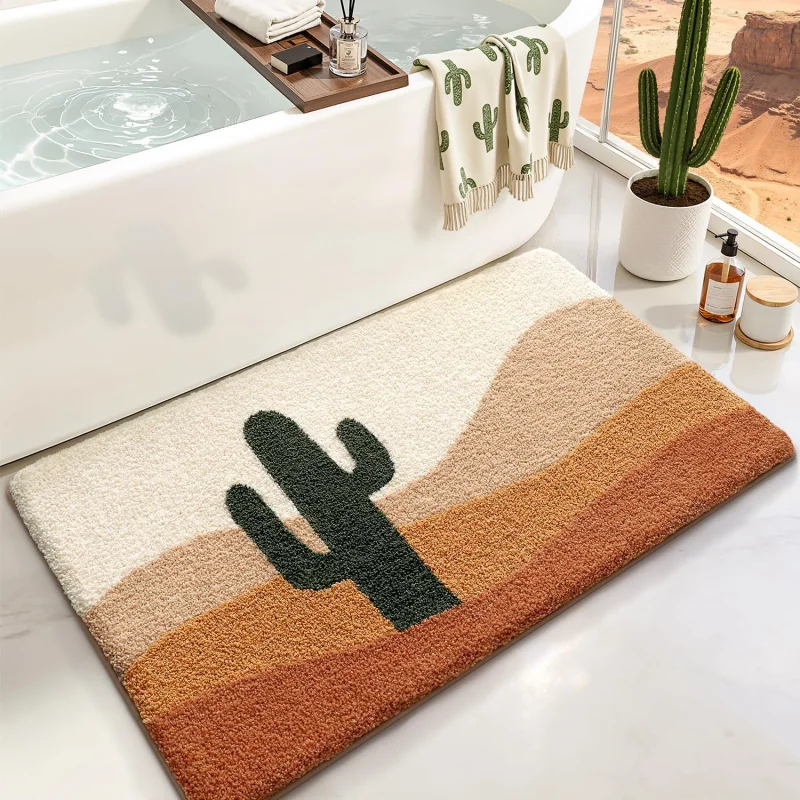 VIKAMA Cartoon Cactus Plush Carpet Non-Slip Absorbency Bathroom Floor Mat Bedroom Living Room Entrance Door Mat Home Decoration