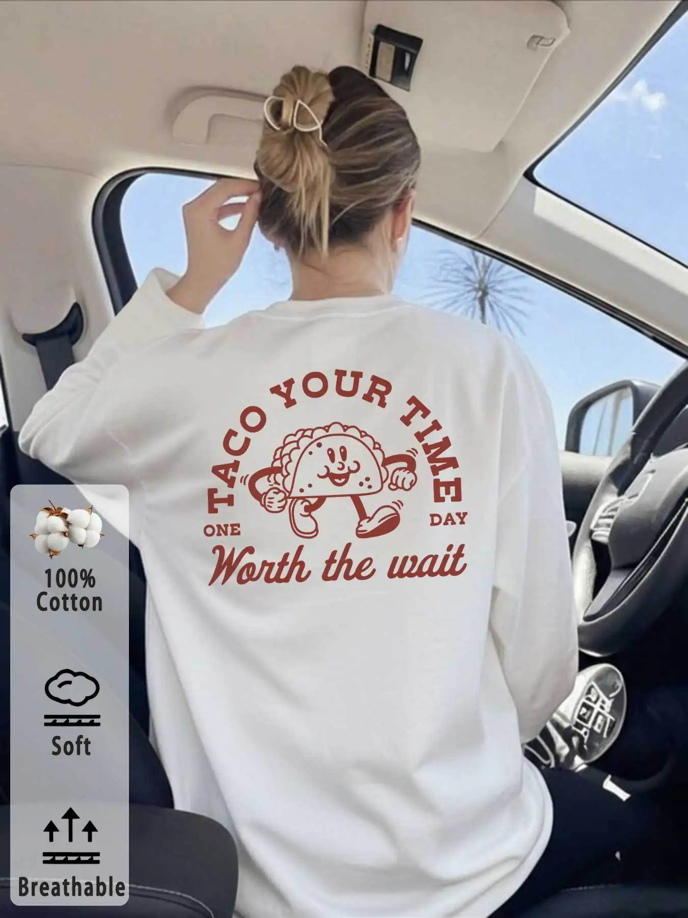 Haut pour femme de style vintage, idéal pour le printemps et l’automne, avec un imprimé « Taco Your Time », un t-shirt décontracté à manches longues, un pull pour femme.