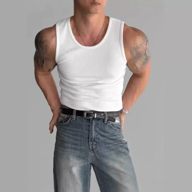 New Cotton Men's Casual Vest Solid Color Simple Fit Sports Fitness T-shirt Sumer Middle-aged Casual Sleeveless Shirt Cool Top