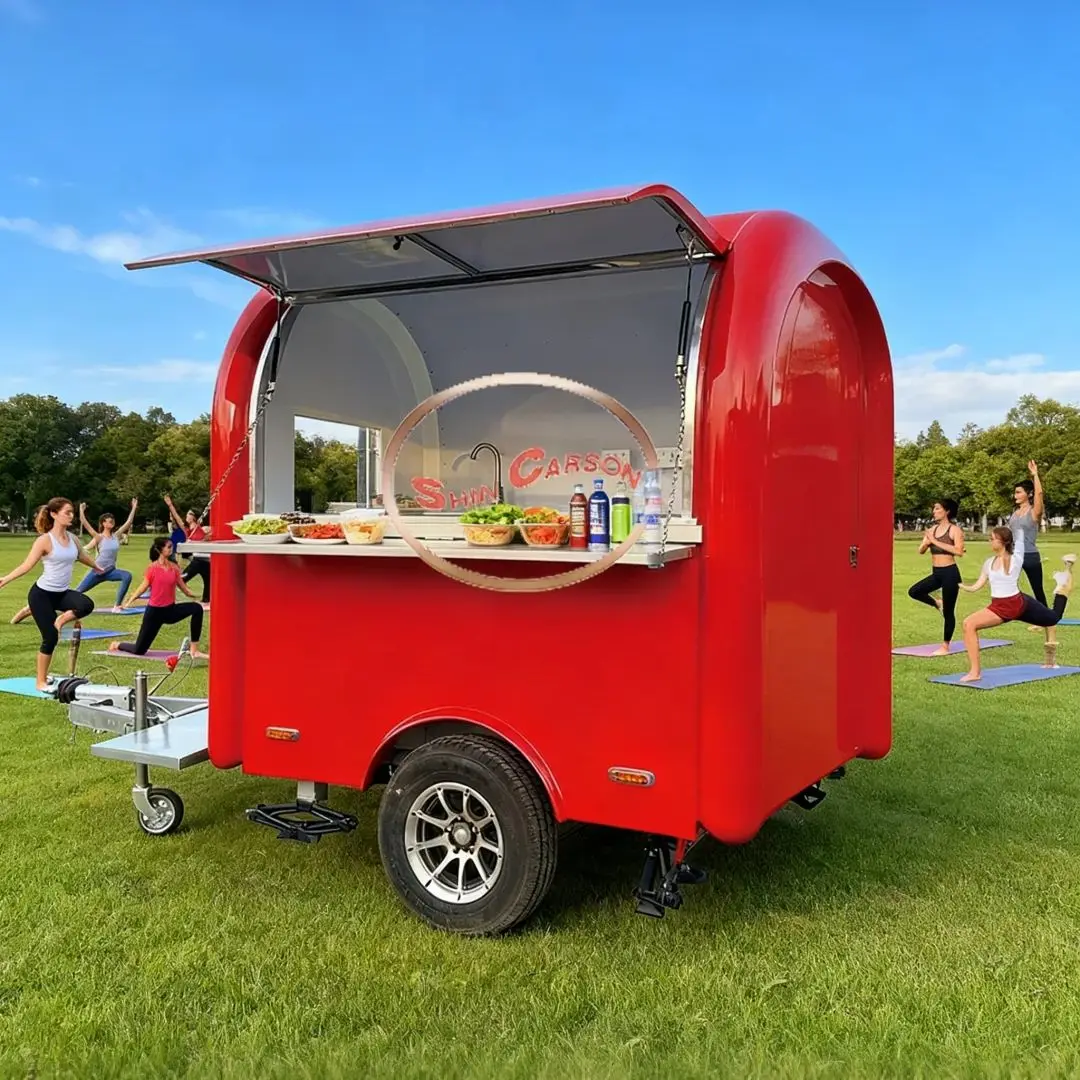 

Red Portable Mobile Food Cart with Stainless Steel Counter And Towing Hitch for Street Food Business