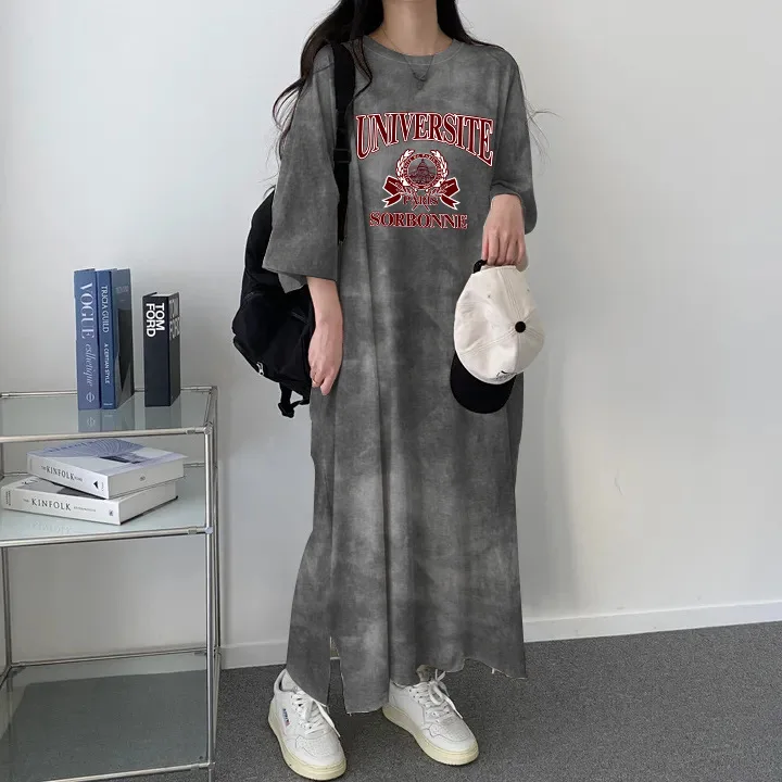 

American Style Tie Dye Summer New Loose Letter Print Slimming Dress T Shirt Dress Casual mid Length Organic Cotton Women's Dress