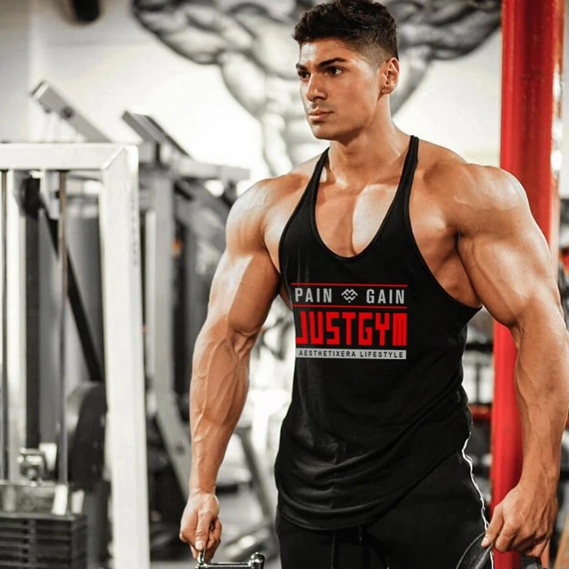 Men's Cotton JUST GYM Stringer Tank Tops Y-Back Training Vests Bodybuilding Sleeveless Shirt Muscle Workout Fitness Singlets