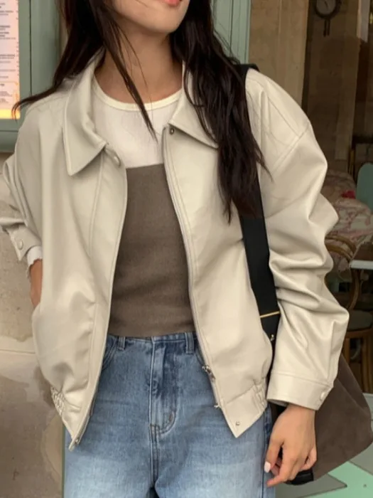 레트로 칼라 지퍼 가죽 재킷 여성 캐주얼 다용도 시크 고급스러운 느낌 재킷 탑 또는 롱 재킷 기타...