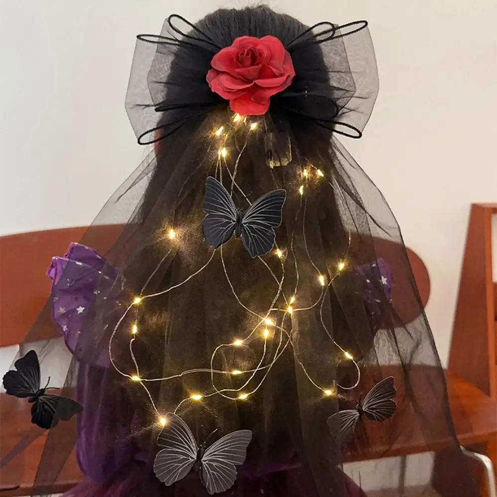 Creative Halloween Veil Headband Gothic Style Spider/Pumpkin/Butterfly Pattern Luminous Head Crown with Black Veil