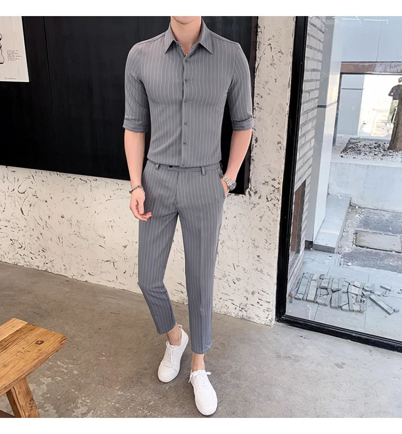 

British Style White Men Short Shirt With Pant Fashion Slim Fit Striped Business Formal Shirts Men Suit Casual Host Dress Tuxedo