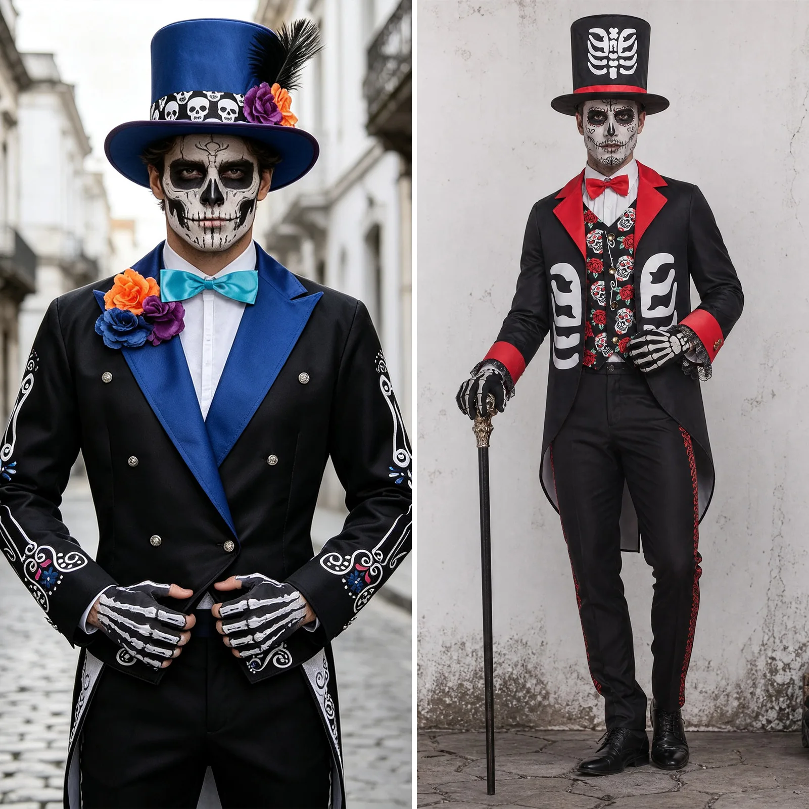 Ensemble de jeu de rôle à l'effigie d'un crâne, style rétro traditionnel mexicain du Jour des Morts, costume de crâne pour hommes pour Halloween et spectacles sur scène.