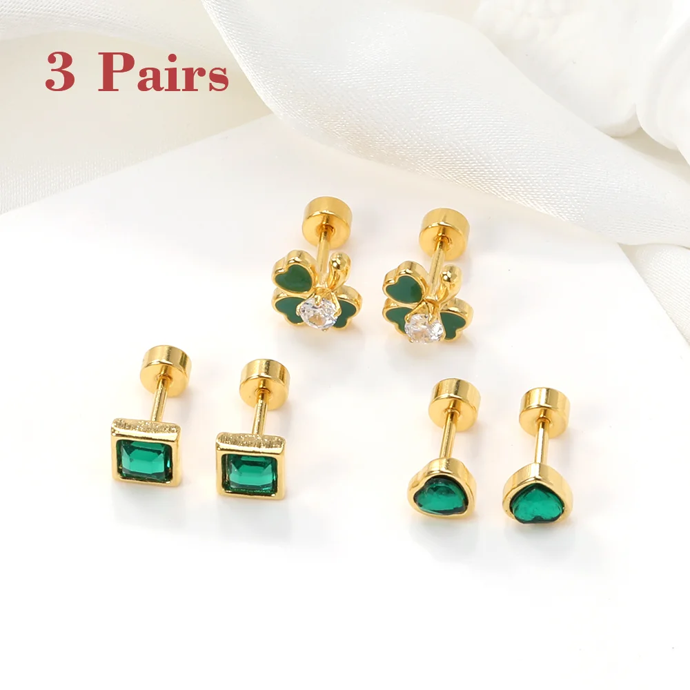 3 Pairs Stainless Steel Screw Back Stud Earrings Set, Gold Plated Green Zircon Clover Square Tiny Ear Piercing Jewelry for Women