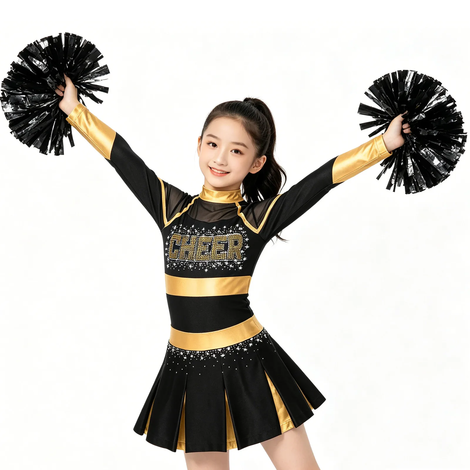 Kids Girls Cheerleading Uniform Cheerleader Dance Costume Glittery Rhinestones Metallic Pleated Dress with 2Pcs Hand Flowers