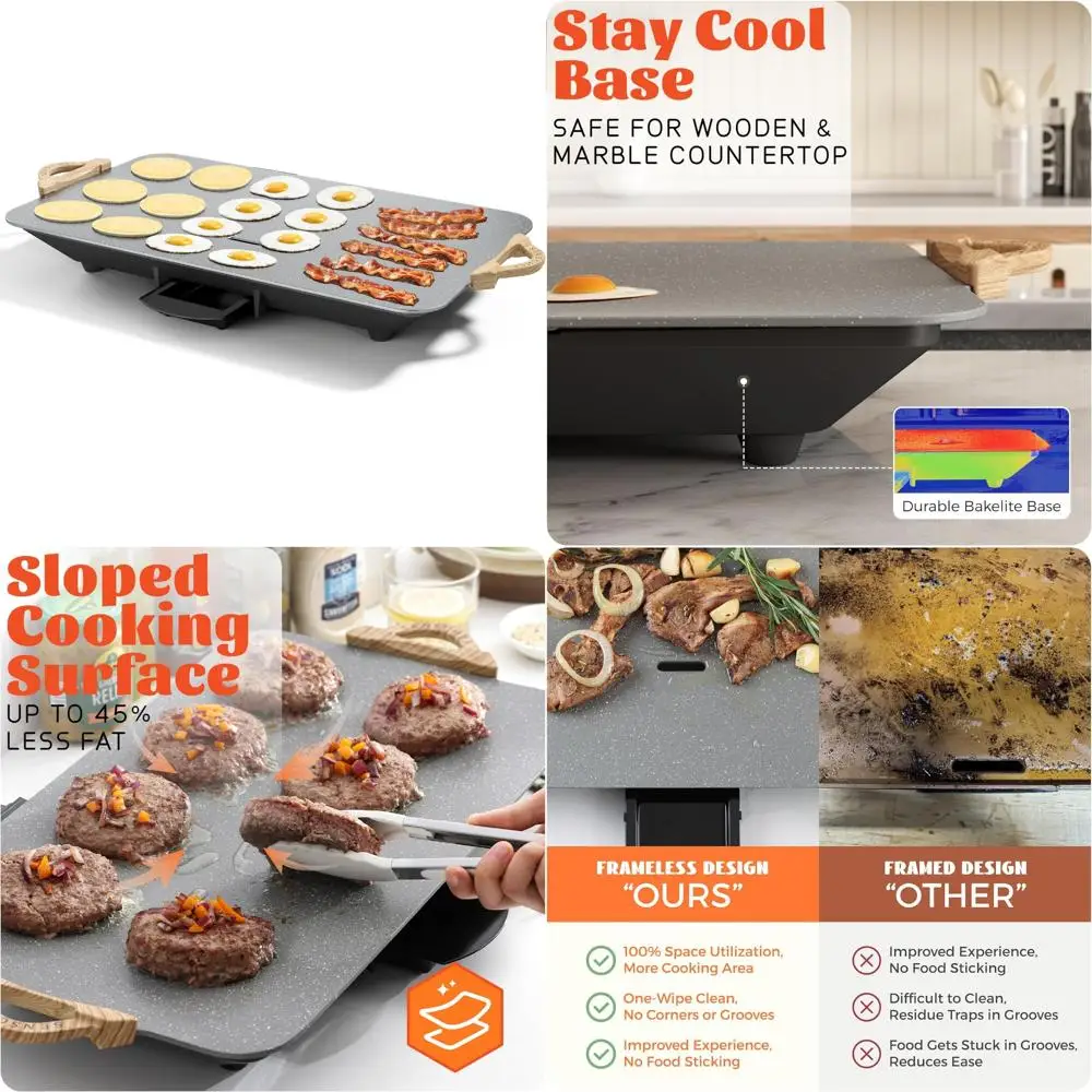 

BBQ Masters 12x20 Inch Electric Griddle with 1700W Power, ILAG Granite Nonstick Surface, and Sloped Frameless Design