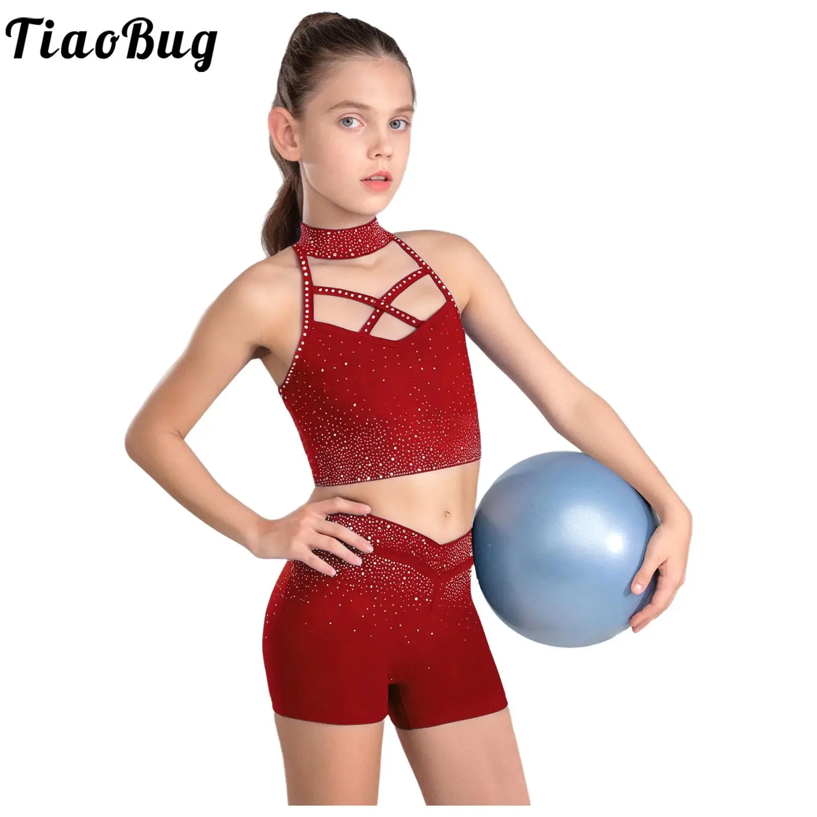 Tenue de gymnastique de danse de Ballet pour filles, Costume de spectacle d'acrobatie de patinage artistique, col licou, sans manches, haut court en strass, short