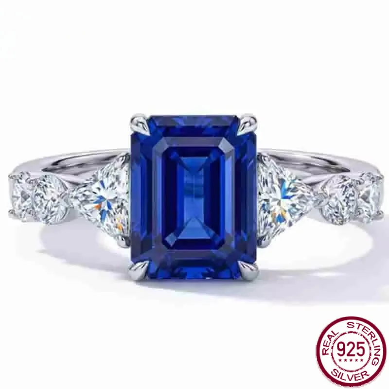 Yaranyan Vintage 100% 925 Sterling Silver 7 * 9 MM Emerald Cut Lab Sapphire High Carbon Diamonds Gemstone Ring Fine Jewelry