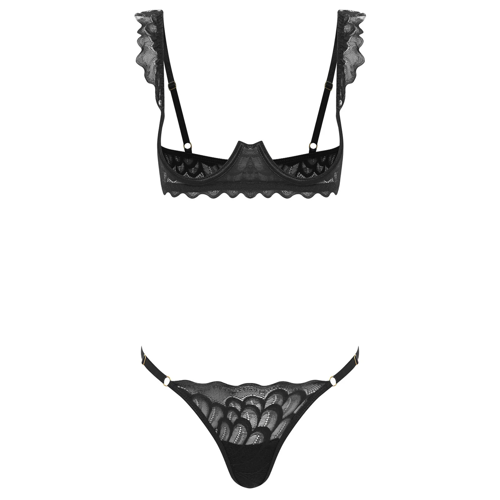 

Women's Floral Lace Lingerie Set Cut Out Cup Underwire Push Up Bra Tops with G-string T-back Thong Honeymoon Lingerie Nightwear