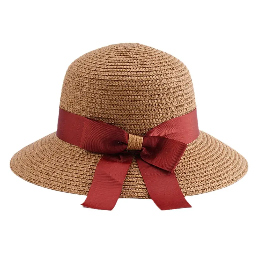 Sombrero de paja tejido de primavera y verano para mujer, sombrero de borde grande versátil, sombrero Noble para playa, Sol con lazo, S4Z5