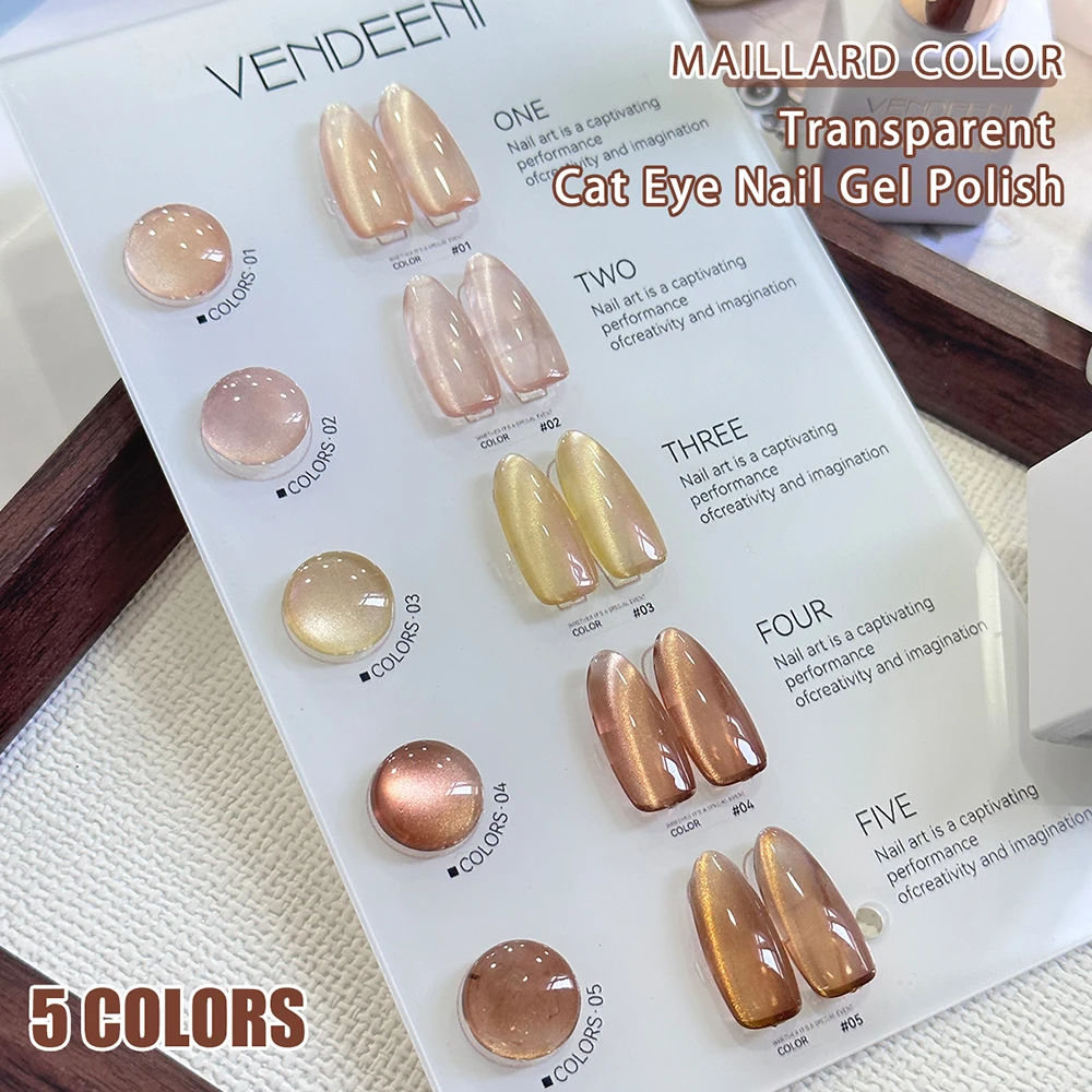 Vendeeni 5 Farben/Set Kristall-Katzenaugen-Gel-Nagellack Magnetischer UV-Soak-Off-Gel-Lack Braun Nude Rosa Gel-Lack mit Display – Detail 9