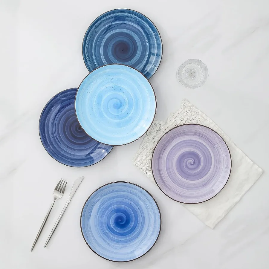 Ceramic Dinnerware Sets for 6 18 Pieces Plates and Bowls Set Scratch Resistant Dishes Set Handpainted Swirl with Spot Dishwashe