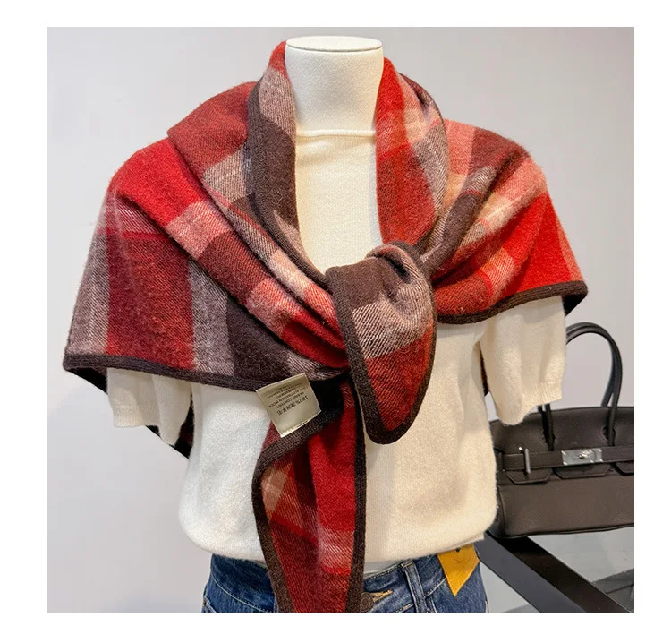 

100% Pure Wool Elegant Womens Shawl Thick Warm Red Plaid Triangle Scarf Women's Winter Shawls Ladies Accessories