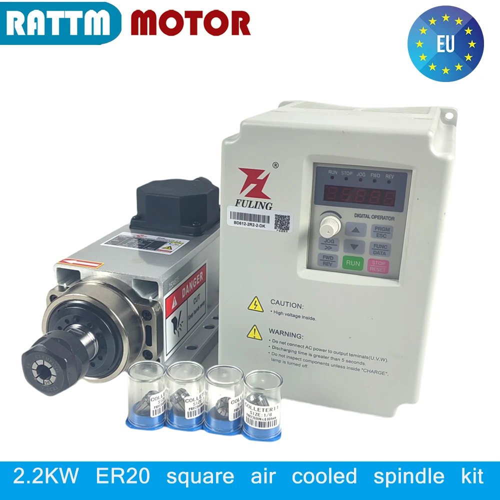 【EU】 2.2KW ER20 High Speed Square Air Cooled Cooling spindle motor Woodworking CNC Router Milling Kit + Inverter VFD
