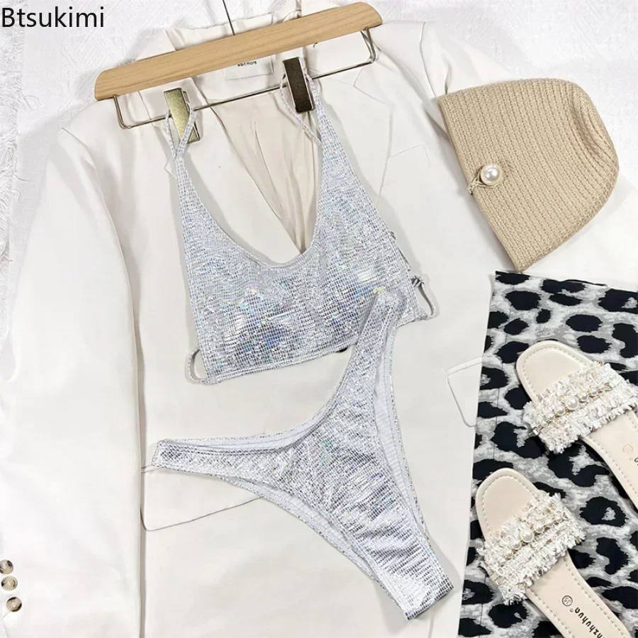 2025 Women's Summer Bikini Sets Shiny Sequins High Cut Bikini Swimsuit Female Drawstring Back Swimwear Brazilian Thong Bikinis
