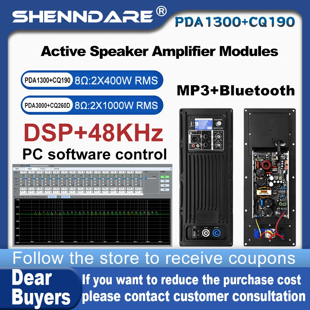 Módulo amplificador de potencia digital profesional SenMicre PDA1300+CQ190 de 2 canales y 48 KHz con DSP Módulo amplificador de altavoz activo de 2 x 400 W y 8 ohmios Amplificador de sonido de subwoofer con Bluetooth y