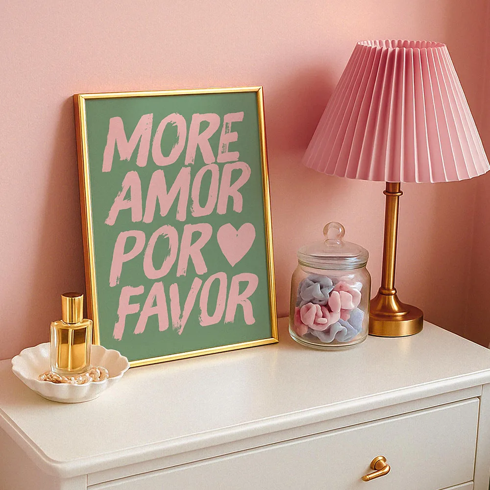 Maximalist More Amor Por Favor Colorful Eclectic Pink Love Quote Wall Art Canvas Painting Poster For Living Room Home Decor