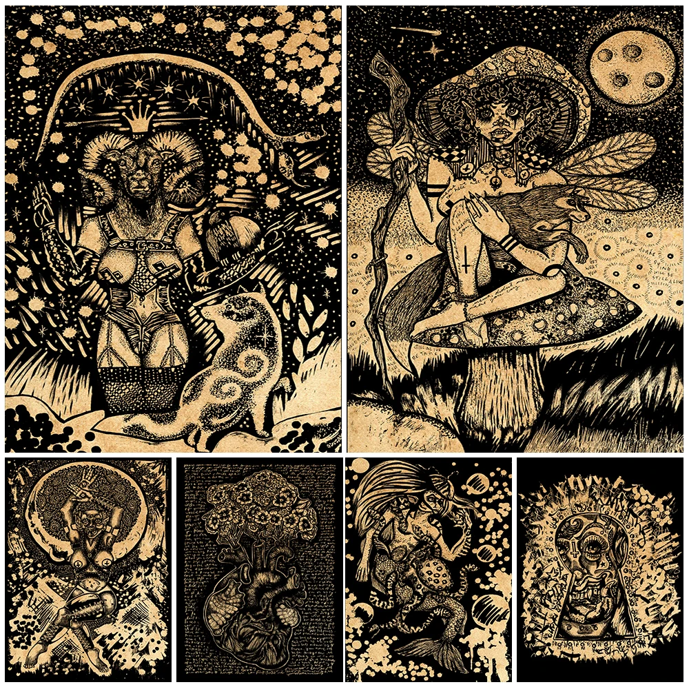 

Gothic Horror Macabre Spooky And Demon Monster Vintage Wall Art Canvas Print Moon Mushroom Nature Witch Art Poster Print Decor