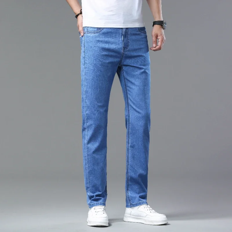 2025 Summer Thin Men's Casual Jeans Classic Style Stretch Straight Fashionable Versatile Light Business Denim Long Pants Male