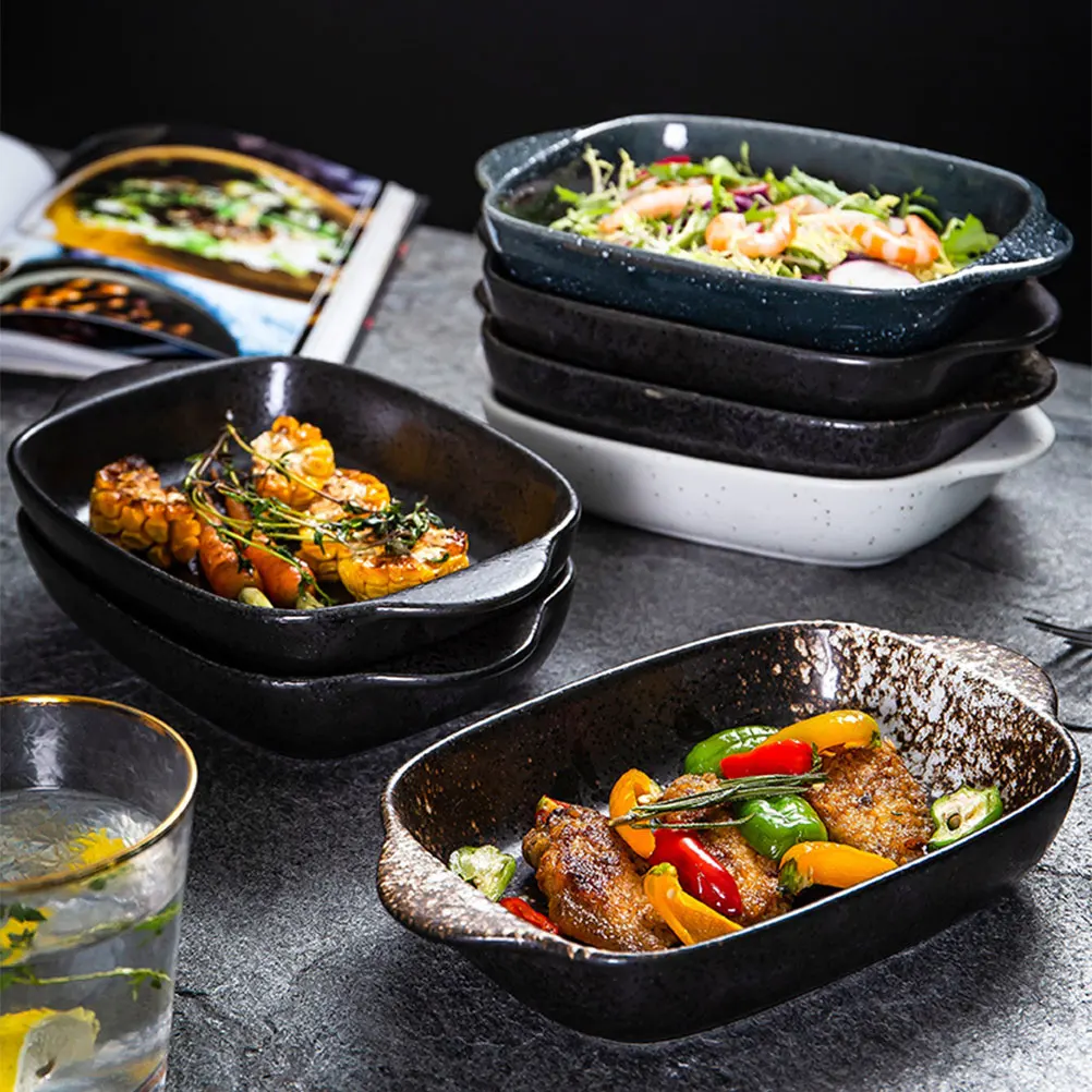 

Ceramic Binaural Oven Safe Baking Pan Double Handle Food Serving Plate Multipurpose Kitchen Bakeware Oven Plate