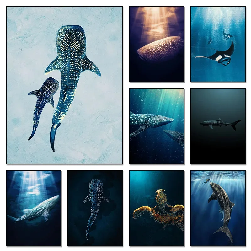Classical Vintage Giant Creatures In The Ocean Canvas Painting Wall Decor Manta Ray Turtle Whale Shark Art Poster Print Picture