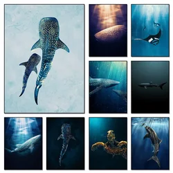 Classical Vintage Giant Creatures In The Ocean Canvas Painting Wall Decor Manta Ray Turtle Whale Shark Art Poster Print Picture