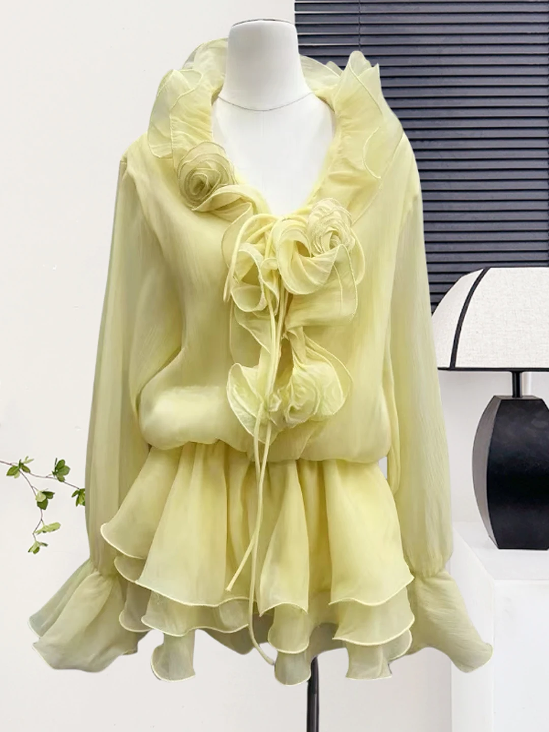 Süße Fee V-Ausschnitt Blumenspitze Bell Sve Midi Dr Koreanische Sle Geraffte Taille Lange Sve Sommer Dr für junge Frauen