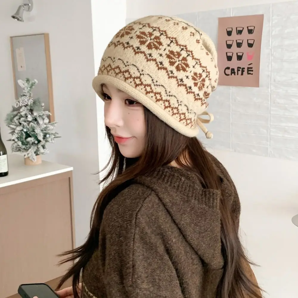 Fair Isle Pattern Knit Beanie Drawstring Roll Brim Thick Knit Slouchy Hat Large Head Circumference Warm Ear-Protecting Warm Hat