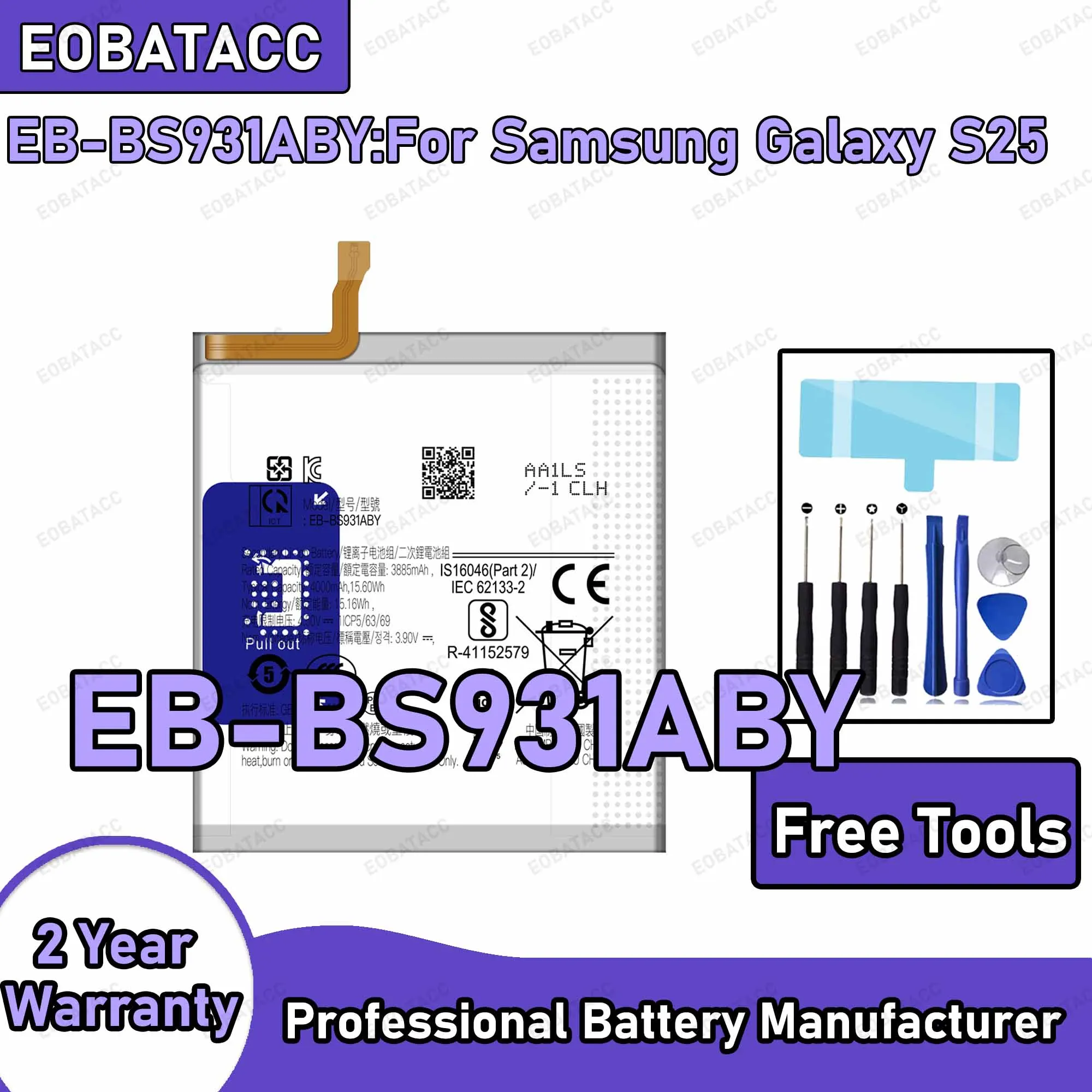 

4000mAh EB-BS931ABY Replacement Battery for Samsung Galaxy S25 with Repair Tools Kit