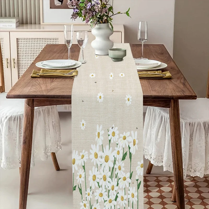 White Daisy Table Runner Rustic Cotton Linen Daisy Table Flag Colorful Printed Table Cover Fresh Style Home Decoration