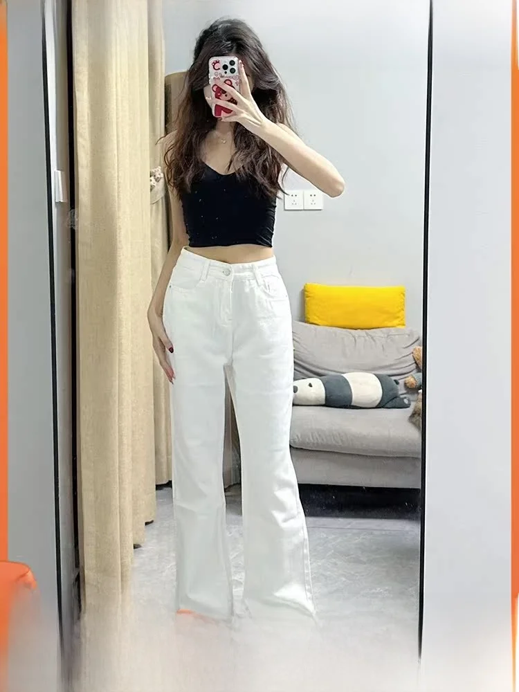 

High Waist Wide Leg Straight Cut Denim Jeans Long Pants Loose Drapey Floor Length Trousers Pure Color Slimming Effect